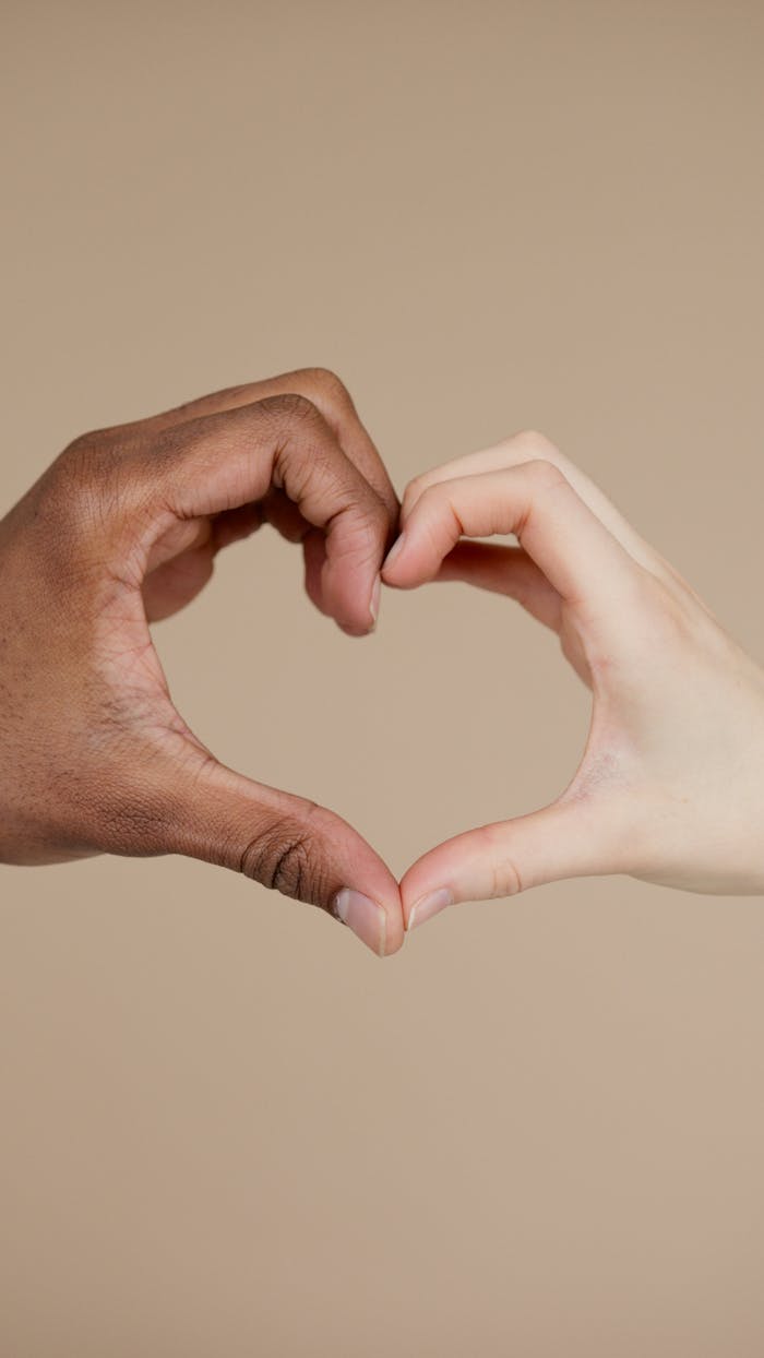 Two hands of different ethnicities form a heart shape, symbolizing unity and diversity.